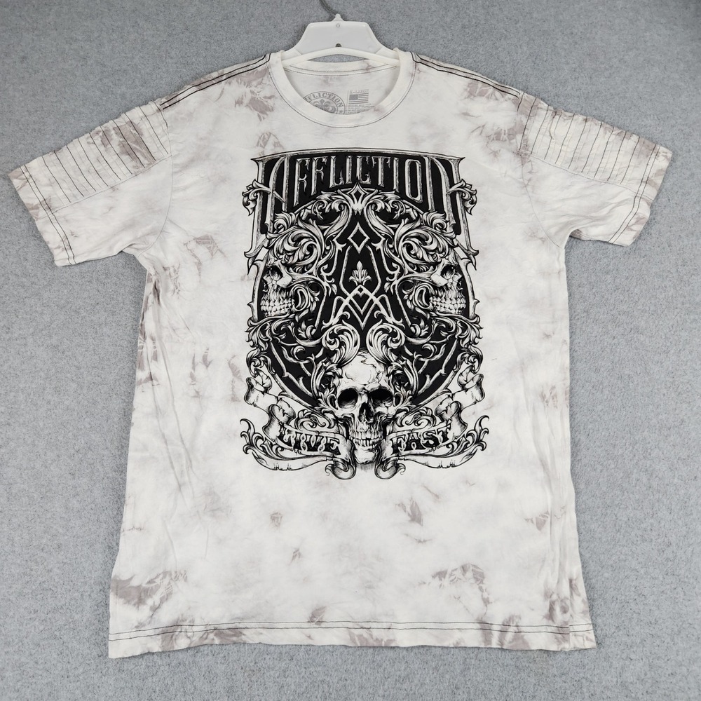 Affliction Live Fast Tee Men XL Gray Skull Tie Dye Graphic Short Sleeve Crewneck